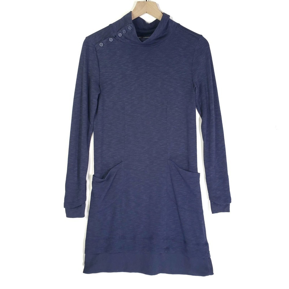 Horny Toad Long Sleeve Tunic Dress XS Navy Blue Button Mock Neck